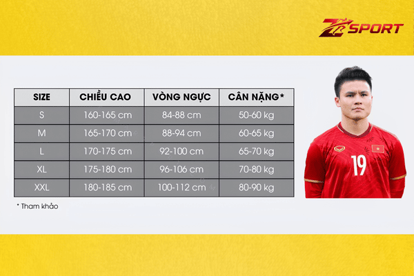 Bảng size áo bóng đá